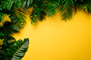 Fresh greenery with a blank space on a yellow background. Copy space.
