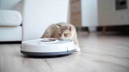 Funny cat looking on the robot with a vacuum cleaner in the living room at home with sofa. Rides the cleaner on wooden floor.