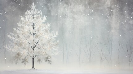  a painting of a white tree in a snowy forest with snow flakes.  generative ai