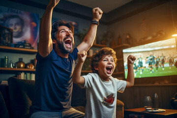 A father and a young son watch a professional football match on TV, sitting at home on the couch in the evening. Football fans watching sports.