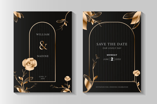 Wedding invitation cards, wedding greetings with luxurious gold plant or flower theme designs