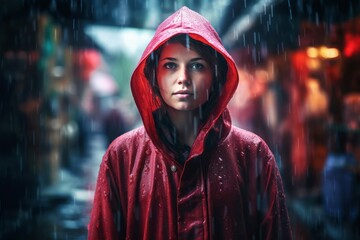Woman rain red coat on street. Generate Ai