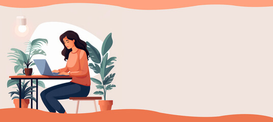 Fototapeta na wymiar Flat vector illustration banner of young busy woman working or studying on her desk with copy space.