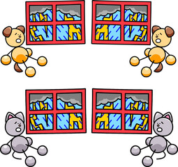悪天候で家で過ごすわんまるとにゃんまるのイラストセット　犬　猫

