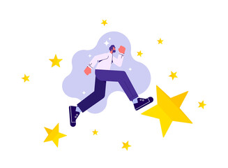 Motivated businessman running on stars strive for new career achievements. Confident man employee...