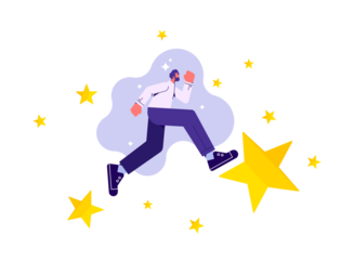 Motivated businessman running on stars strive for new career achievements. Confident man employee jump to goal and target