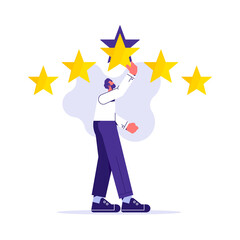 Customer review and user rating five stars, Businessman holding a gold star in hand, to give five,...