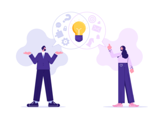 Teamwork, collaborating and ideas concept, man and woman colleagues standing generating ideas discussing business together