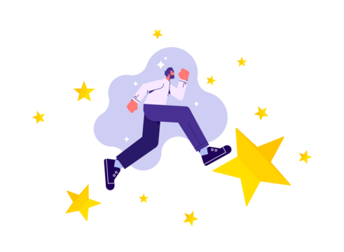 Motivated businessman running on stars strive for new career achievements. Confident man employee jump to goal and target