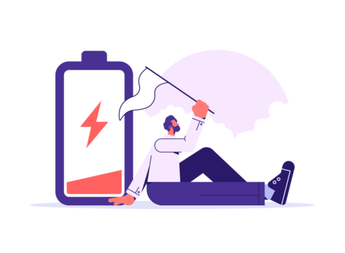 Working burnout and low energy concept, frustrated worker mental health problems, businessman with low battery red color, business life energy