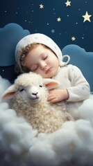 Fototapeta premium A little girl is sleeping with a sheep