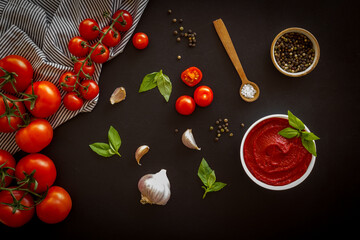 Tomato sauce passata in bowl with fresh tomatoes and basil