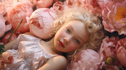 Fototapeta premium A little girl laying in a bed of pink flowers