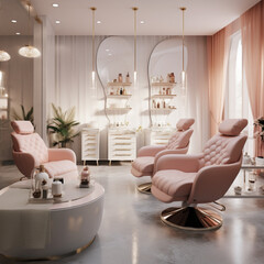 interior design of a beauty salon , in a modern style, manicure chairs in fabric upholstery in a light tone 