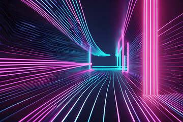 Experience the allure of a 3D-rendered abstract futuristic neon background, featuring captivating...