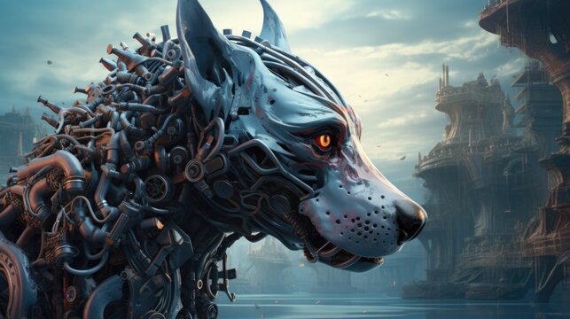 A robot dog with chains on its head