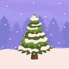 Beautiful tree with snow on its branches, not yet decorated. There are other trees behind. Snowing. Vector graphic.