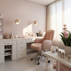 interior design of a beauty salon , in a modern style, manicure chairs in fabric upholstery in a light tone 