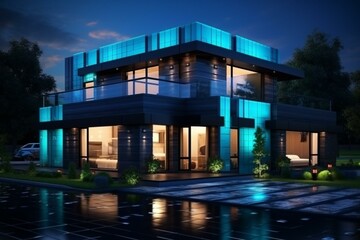 Contemporary house with black brick tile finishing and turquoise illuminated windows at night. 3D rendering. Generative AI