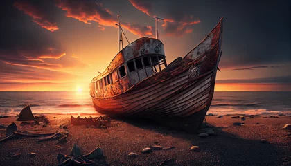Fotobehang boat at sunset © Hellan 