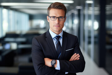 portrait of a male CEO or chief executive officer, office background