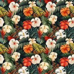 seamless pattern of abstract tropical plants and orange and white flowers