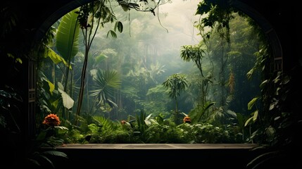 a cool jungle view from a window - obrazy, fototapety, plakaty