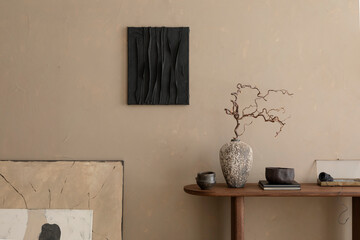 Interior design of warm living room interior with mock up poster frame, wooden consola, black...
