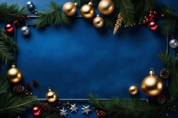 blue christmas background with christmas tree branches and golden balls .
