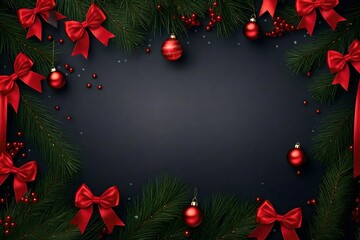Christmas backdrop with fir trees in the corners with red bows and balls as decorations.