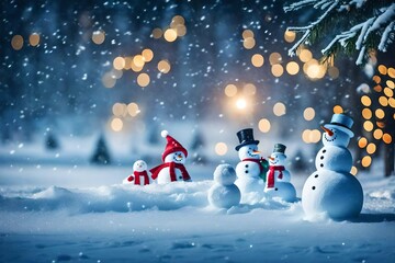 snowman on the snow with double exposure of lights 