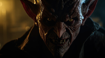 A closeup of a scary nosferatu vampire with sharp fangs and yellow eyes in a dark alley