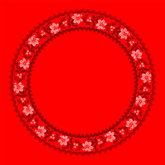 Vector illustration of Ukrainian floral ornament in ethnic style, identity, vyshyvanka, embroidery for print clothes, websites, banners. Background. Geometric design, border, copy space, frame