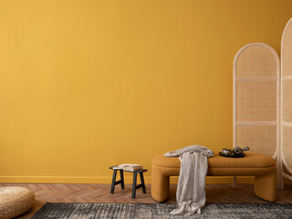 Warm composition of cozy living room interior with copy space, yellow bench, partition wall, ethnic...