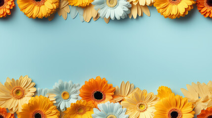 Colorful gerberas are arranged in rows on a teal 
background