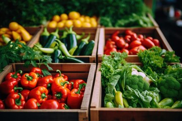 Fresh vegetables in cardboard boxes on market.