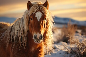 Obraz premium Przewalskis horse portrait v winter time in mongolia.