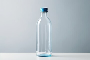 Empty transparent plastic bottle with blue cap.