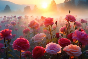 Pink roses field in morning mist.