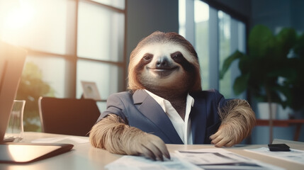 Fototapeta na wymiar Sloth like a successful and confident businessman working in the office. Generative AI