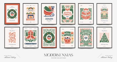 Gordijnen Merry Christmas and Happy New Year vertical flyer or poster template. Modern trendy Matisse minimal style. Hand drawn design for wallpaper, wall decor, print, postcard, cover, template, banner. © KozyPlace