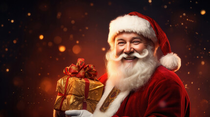 Santa Claus happily holds a golden gift in his hand against a twinkling evening backdrop