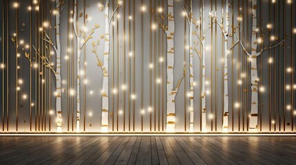  a room with a wooden floor and a curtain with lights.  generative ai