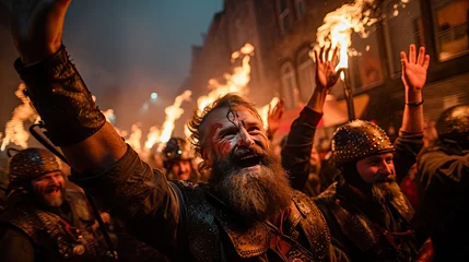 Fototapete Rund Vikings prepare buckets and hold torches with fire at night © jr-art