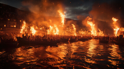 Vikings prepare buckets and hold torches with fire at night