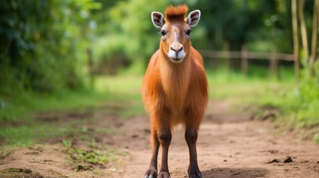  a brown goat standing on a dirt road next to a forest.  generative ai
