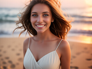 half body shot of beautiful woman with long hair on the beach, lifestyles concept, generative ai	