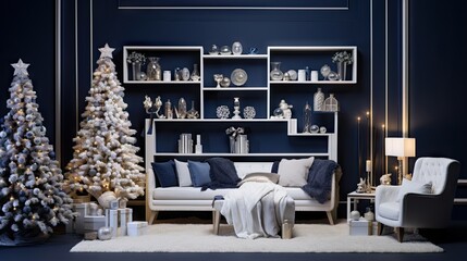  a living room decorated for christmas with a christmas tree in the corner.  generative ai