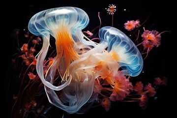 Two transparent white and orange jellyfish swim among the algae. The underwater sea world, deepsea animals and the marine ecosystem.