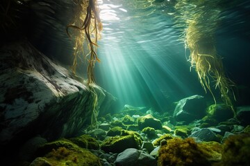The landscape of the underwater world. There are rocks with moss on the bottom and the sun's rays pierce the water. Marine ecosystem. - Powered by Adobe